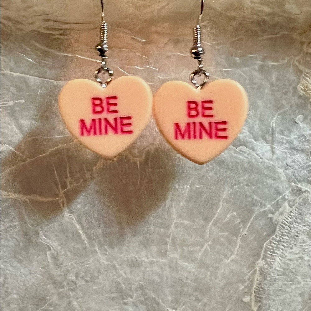 Valentine's Candy Heart Be Mine Dangle Earrings, peach conversation earrings